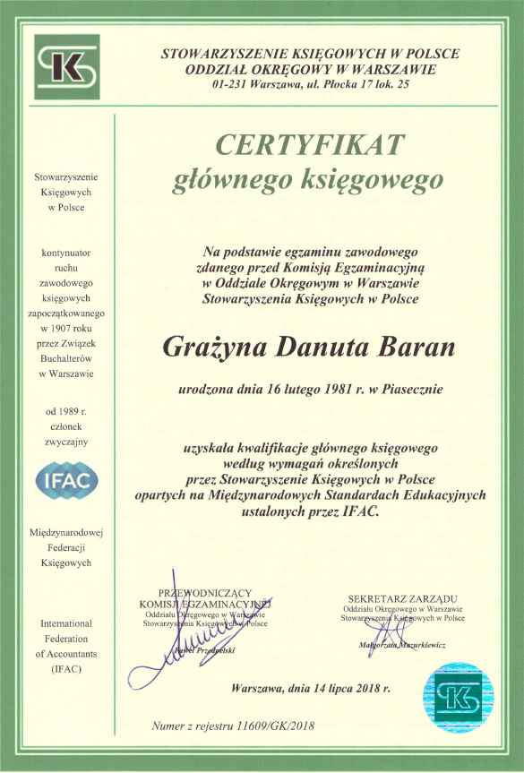 Certyfikat Grazyna Baran